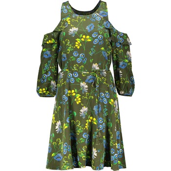 Oliwkowa sukienka z wycięciami na ramionach