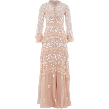 Długa pastelowo-rózowa sukienka z cekinami