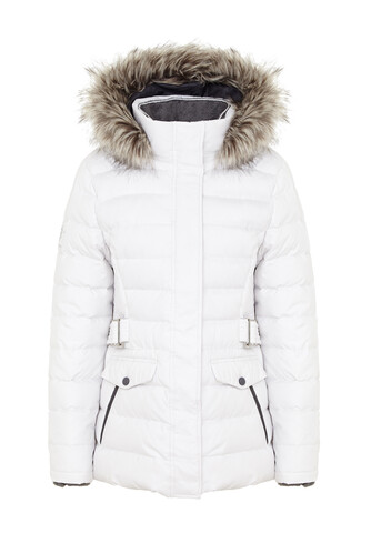 Biała długa kurtka narciarska z kapturem