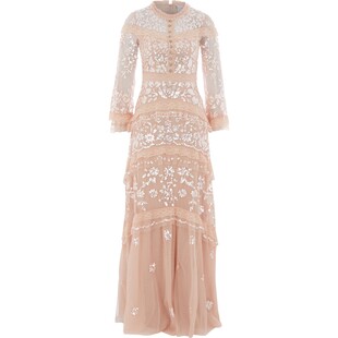 Długa pastelowo-rózowa sukienka z cekinami