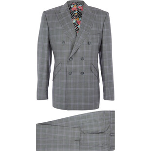 Wełniany garnitur w szaro-fioletowe prążki